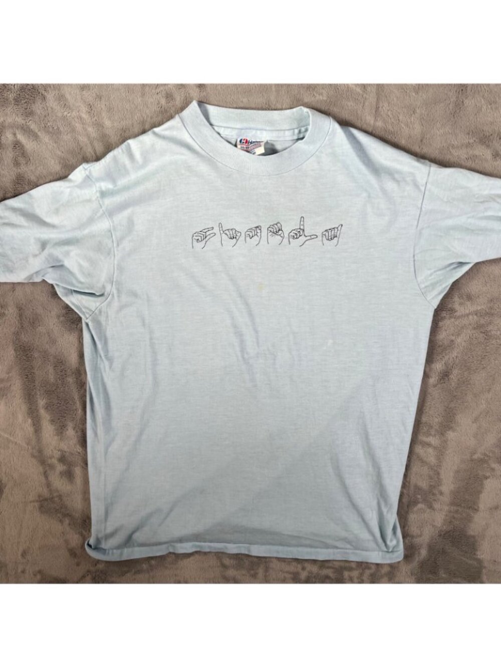 Vintage 1980s Hanes Light Blue Cotton/Poly ASL "Gisela" T-Shirt (Large) - Picture 10 of 13